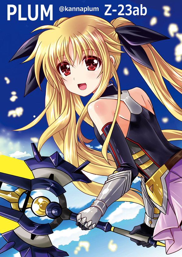 :d belt black_ribbon blonde_hair blue_background brown_belt detached_sleeves eyebrows_visible_through_hair fate_testarossa floating_hair gauntlets hair_between_eyes hair_ribbon holding holding_sword holding_weapon kanna_(plum) long_hair looking_at_viewer lyrical_nanoha mahou_shoujo_lyrical_nanoha_the_movie_3rd:_reflection miniskirt open_mouth pink_skirt pleated_skirt red_eyes ribbon skin_tight skirt sky smile solo sword twintails upper_body very_long_hair weapon