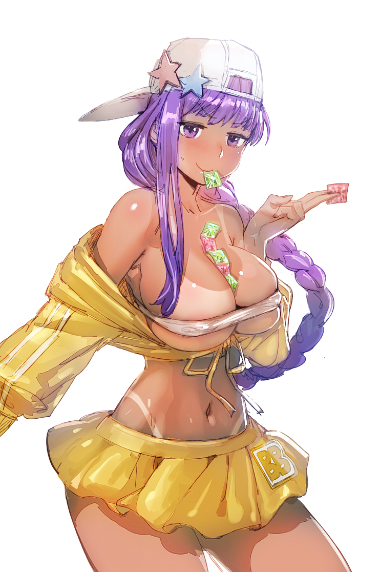 backwards_hat bangs baseball_cap bb_(fate)_(all) bb_(swimsuit_mooncancer)_(fate) between_breasts between_fingers bikini_tan blush bow_(bhp) braid breasts cleavage condom condom_in_mouth condom_packet_strip condom_wrapper dark_skin eyebrows_visible_through_hair fate/grand_order fate_(series) front-tie_top hat jacket large_breasts long_hair looking_at_viewer miniskirt mouth_hold navel off_shoulder purple_eyes purple_hair single_braid skindentation skirt solo star_hat_ornament stomach sweatdrop tan tanline underboob white_background yellow_jacket yellow_skirt