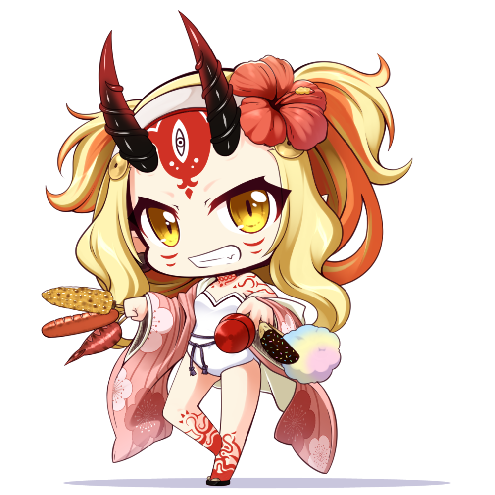 bangs bare_shoulders blonde_hair brown_eyes candy_apple chibi chocolate_banana corn cotton_candy facial_mark fang fate/grand_order fate_(series) floral_print flower food forehead_mark grin hair_flower hair_ornament holding holding_food horns ibaraki_douji_(fate/grand_order) ibaraki_douji_(swimsuit_lancer)_(fate) japanese_clothes kimono long_hair long_sleeves looking_at_viewer md5_mismatch oni oni_horns open_clothes open_kimono parted_bangs pink_kimono print_kimono red_flower sausage shachoo. smile solo standing standing_on_one_leg strapless strapless_swimsuit swimsuit very_long_hair white_background white_swimsuit wide_sleeves