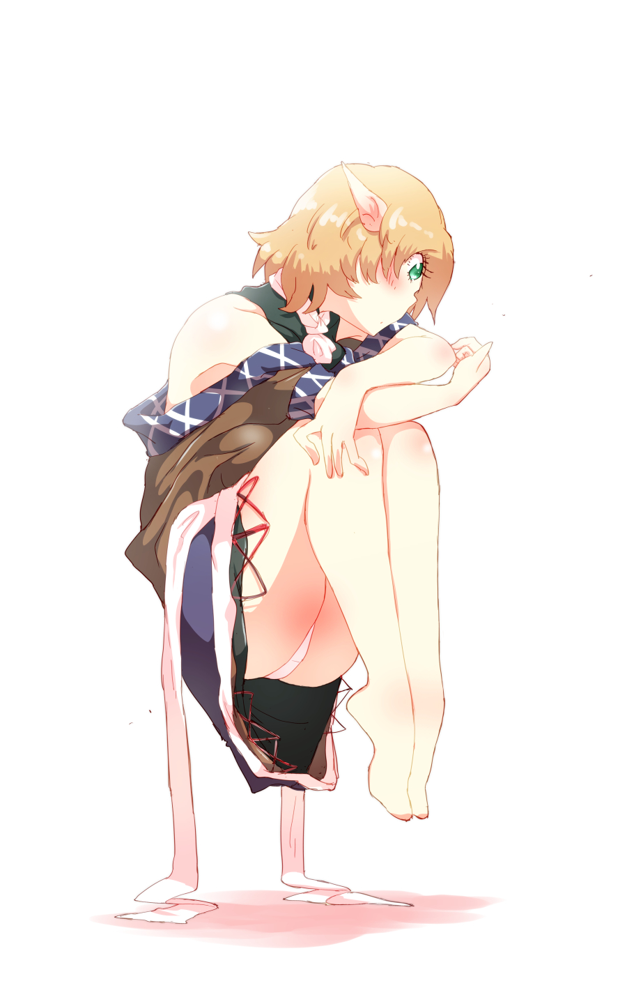 barefoot blonde_hair blush bodysuit crossed_arms floating full_body green_eyes highres knees_to_chest legs_together mizuhashi_parsee non_(z-art) off_shoulder panties pantyshot pointy_ears shirt short_hair simple_background skirt solo touhou underwear white_background white_panties