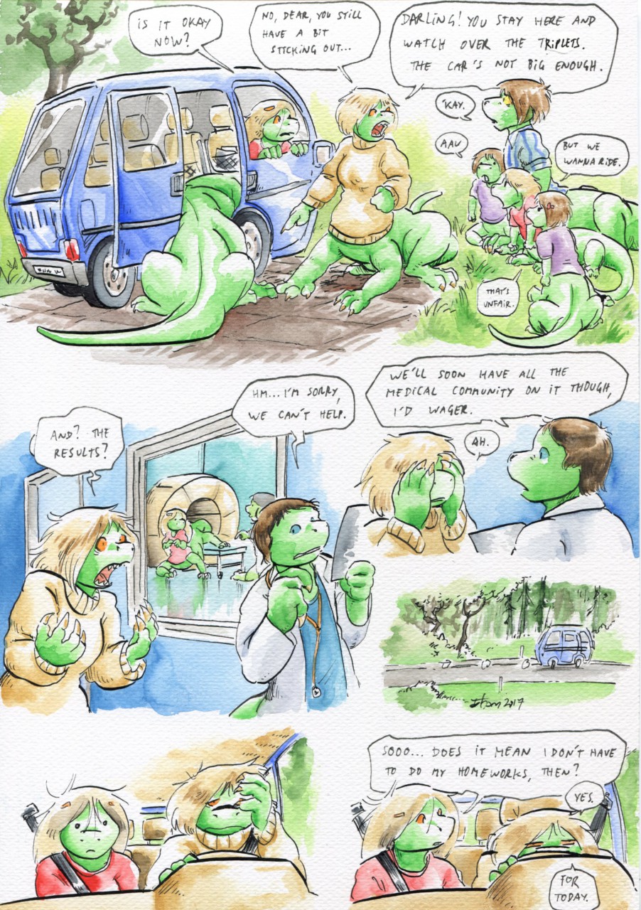 2017 big_hands blonde_hair brown_hair car cervelet child clothed clothing comic detailed_background dialogue doctor dot_eyes female gaping_mouth green_body group hair hairpin hi_res interior kyurem2424 lawn line_art liz_(growing_troubles) lizard long_taur male maria_(growing_troubles) medical_table mri_scanner multi_leg multi_limb multi_torso orange_eyes outside panic red_shirt reptile scalie shaded signature sitting snout speech_bubble standing taur traditional_media_(artwork) triplets_(growing_troubles) van vehicle walking watercolor_(artwork) young