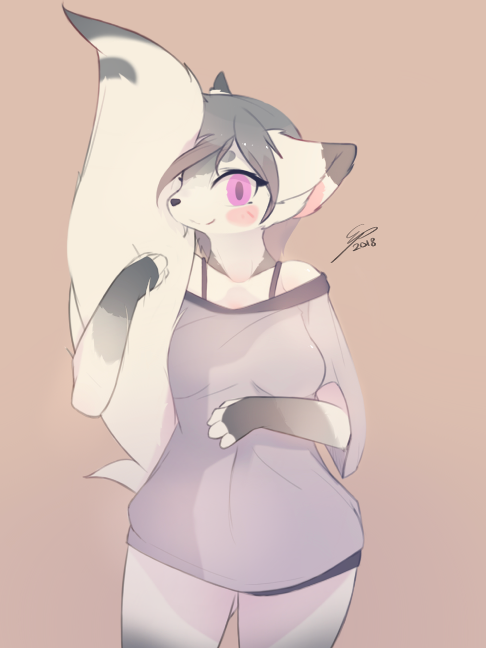 2018 4_fingers anthro blouse blush bottomless brown_background canine cassandra_(spessarite) clothed clothing cute electrycpynk female front_view fur grey_hair hair hi_res looking_at_viewer mammal pink_eyes portrait purple_eyes signature simple_background smile solo standing sweater thick_thighs three-quarter_portrait wide_hips