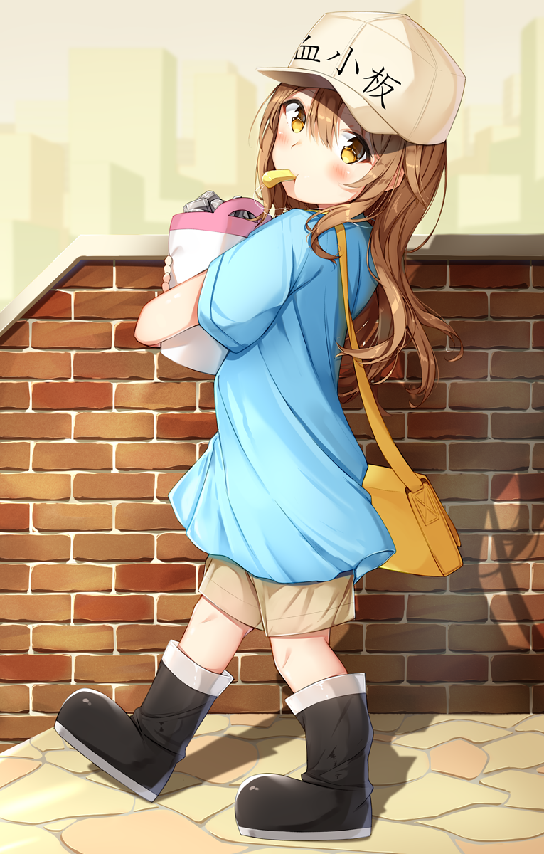 bag bangs black_footwear blue_shirt blush boots brick_wall brown_eyes brown_hair brown_hat brown_shorts character_name clothes_writing commentary eyebrows_visible_through_hair flat_cap full_body hair_between_eyes hat hataraku_saibou highres long_hair looking_at_viewer looking_to_the_side mouth_hold object_hug platelet_(hataraku_saibou) shadow shiero. shirt short_shorts short_sleeves shorts shoulder_bag solo walking whistle