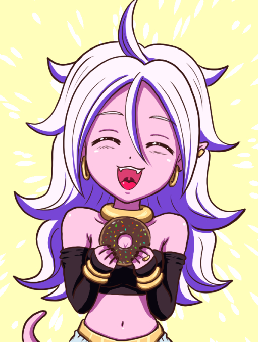 :3 :d android_21 bare_shoulders breasts chibi cleavage closed_eyes detached_sleeves doughnut dragon_ball dragon_ball_fighterz earrings fangs food hair_between_eyes hoop_earrings jewelry koyukiyasu long_hair majin_android_21 midriff navel open_mouth pink_skin ring smile solo strapless tail tubetop yellow_background