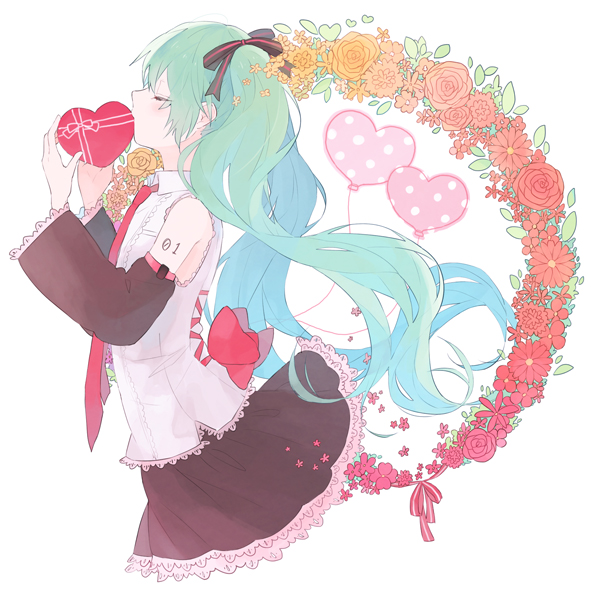 bad_id bad_pixiv_id balloon blue_hair box closed_eyes detached_sleeves expressionless eyebrows_visible_through_hair floating_hair flower frilled_shirt_collar frilled_skirt frills gomi_chiri hair_ribbon hatsune_miku heart-shaped_box leaf long_hair necktie orange_flower orange_rose pink_flower pink_neckwear pink_ribbon pink_rose plant profile red_flower red_rose ribbon rose shirt simple_background skirt sleeveless sleeveless_shirt solo twintails two-tone_ribbon upper_body very_long_hair vocaloid white_background white_shirt