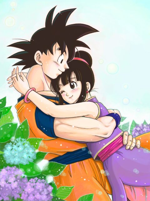 1girl ;) bare_arms bare_shoulders black_eyes black_hair blue_background blue_flower blush bracelet bubble chi-chi_(dragon_ball) chinese_clothes couple cowboy_shot dougi dragon_ball dragon_ball_z earrings eyelashes fingernails flower hands_on_another's_hips happy height_difference hetero hug interlocked_fingers jewelry leaf looking_at_another looking_down looking_up masa_(p-piyo) one_eye_closed plant profile purple_flower short_hair simple_background sleeveless smile son_gokuu spiked_hair tied_hair upper_body white_background wristband