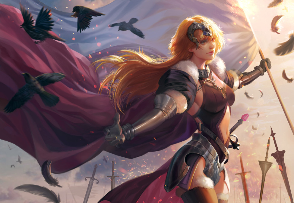 armor armored_dress bangs belt bird black_dress blonde_hair breasts cape chain cleavage cleavage_cutout closed_mouth crow dress falling_feathers fate/grand_order fate_(series) faulds field_of_blades flag fur_trim gauntlets headpiece holding holding_flag jeanne_d'arc_(fate) jeanne_d'arc_(fate)_(all) large_breasts navel navel_cutout outstretched_arms pink_lips sideboob standing sword thighhighs weapon yang_fan yellow_eyes