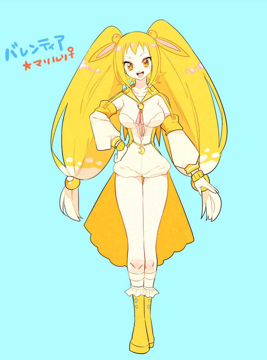:d alternate_color azumarill bangs blue_background blush breasts full_body gloves hair_bobbles hair_ornament hand_on_hip jewelry large_breasts long_hair looking_at_viewer open_mouth personification pokemon simple_background smile solo very_long_hair white_gloves white_legwear yellow_eyes yellow_footwear yuzu_ichika