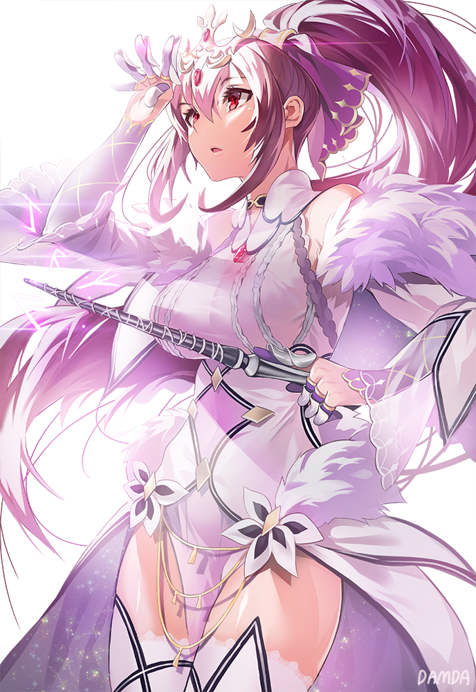 bangs bare_shoulders bloom body_chain breasts damda dress fate/grand_order fate_(series) fur_trim high_ponytail holding index_finger_raised large_breasts lavender_dress long_hair looking_afar parted_lips purple_hair red_eyes scathach_(fate)_(all) scathach_skadi_(fate/grand_order) see-through see-through_silhouette see-through_sleeves shading_eyes simple_background thighhighs thighs tiara very_long_hair wand white_background white_legwear