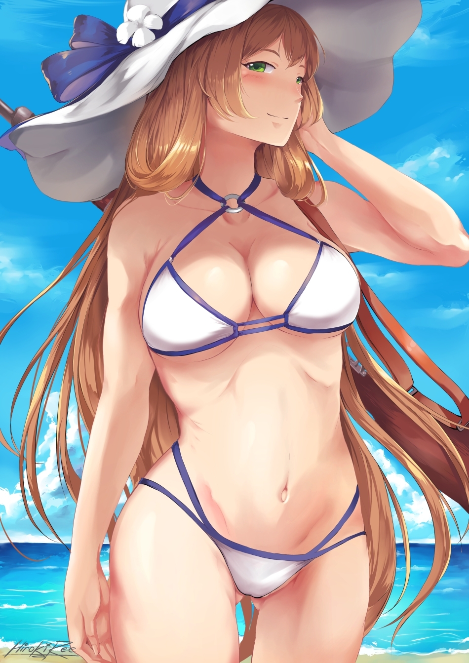 adjusting_hair alternate_costume ass_visible_through_thighs bangs bare_shoulders beach bikini blue_sky blush bolt_action breasts brown_hair cleavage cloud collarbone cowboy_shot day eyebrows_visible_through_hair girls_frontline green_eyes groin gun hair_between_eyes hair_rings hat highres hiroki_ree large_breasts long_hair looking_at_viewer m1903_springfield m1903_springfield_(girls_frontline) navel o-ring o-ring_top ocean outdoors rifle sand sidelocks signature sky smile solo stomach summer sun_hat swimsuit thighs weapon weapon_on_back