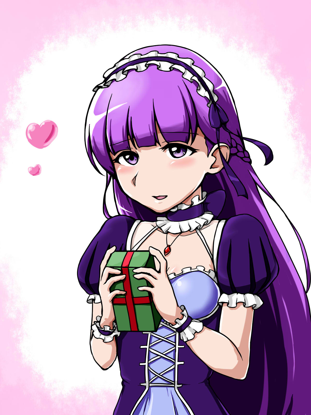 breasts cleavage collarbone commentary_request dress fire_emblem fire_emblem:_fuuin_no_tsurugi fire_emblem_heroes gift hairband highres holding jewelry lolita_hairband long_hair memetsu_(umvn4442) purple_eyes purple_hair short_sleeves smile sofiya solo upper_body valentine very_long_hair wrist_cuffs