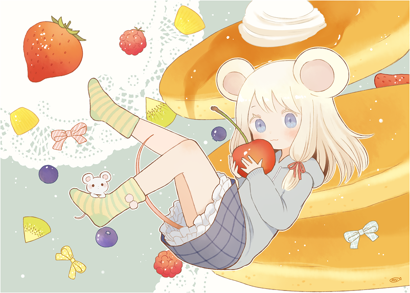 :3 animal_ears ayu_(mog) bangs blonde_hair blue_eyes blue_hoodie blue_skirt blush bow checkered checkered_skirt cherry closed_mouth commentary_request cream floating food fruit green_legwear hair_ribbon holding hood hoodie kiwi_slice long_sleeves looking_at_viewer minigirl mouse mouse_ears mouse_tail original pancake raspberry red_ribbon ribbon signature skirt smile socks solo strawberry striped striped_legwear tail