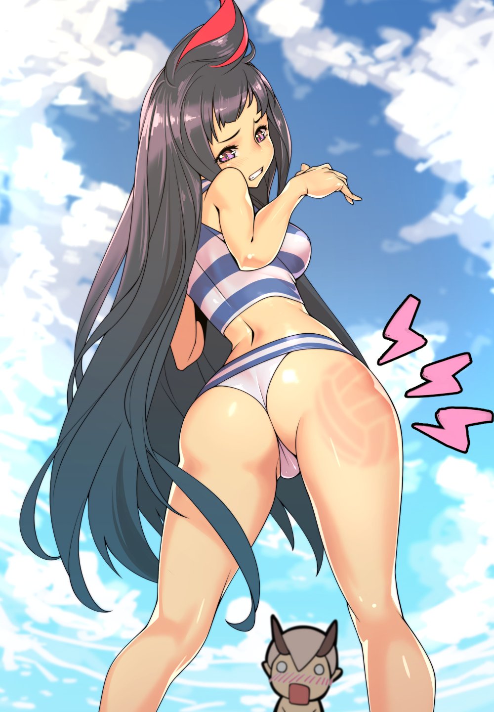 1girl ass ass_focus back bikini black_hair blue_sky breasts character_request chibi chibi_inset cloud cloudy_sky commentary_request day destiny_child from_behind from_below genderswap genderswap_(mtf) highres long_hair medium_breasts micro_panties multicolored_hair pain panties purple_eyes red_hair sky solo_focus spanked streaked_hair striped striped_bikini swimsuit tankini tomoyuki_kotani two-tone_hair underwear updo very_long_hair volleyball wince