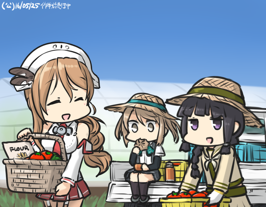 basket blue_sky braid brown_hair commentary_request dated day detached_sleeves double_bun eating_hair feathers garter_straps greenhouse ground_vehicle hair_feathers hamu_koutarou hat headdress kantai_collection kitakami_(kantai_collection) light_brown_hair littorio_(kantai_collection) long_hair michishio_(kantai_collection) motor_vehicle multiple_girls neckerchief necktie open_mouth pleated_skirt ponytail school_uniform serafuku shirt short_twintails single_braid skirt sky sleeveless sleeveless_shirt straw_hat tomato truck twintails wavy_hair