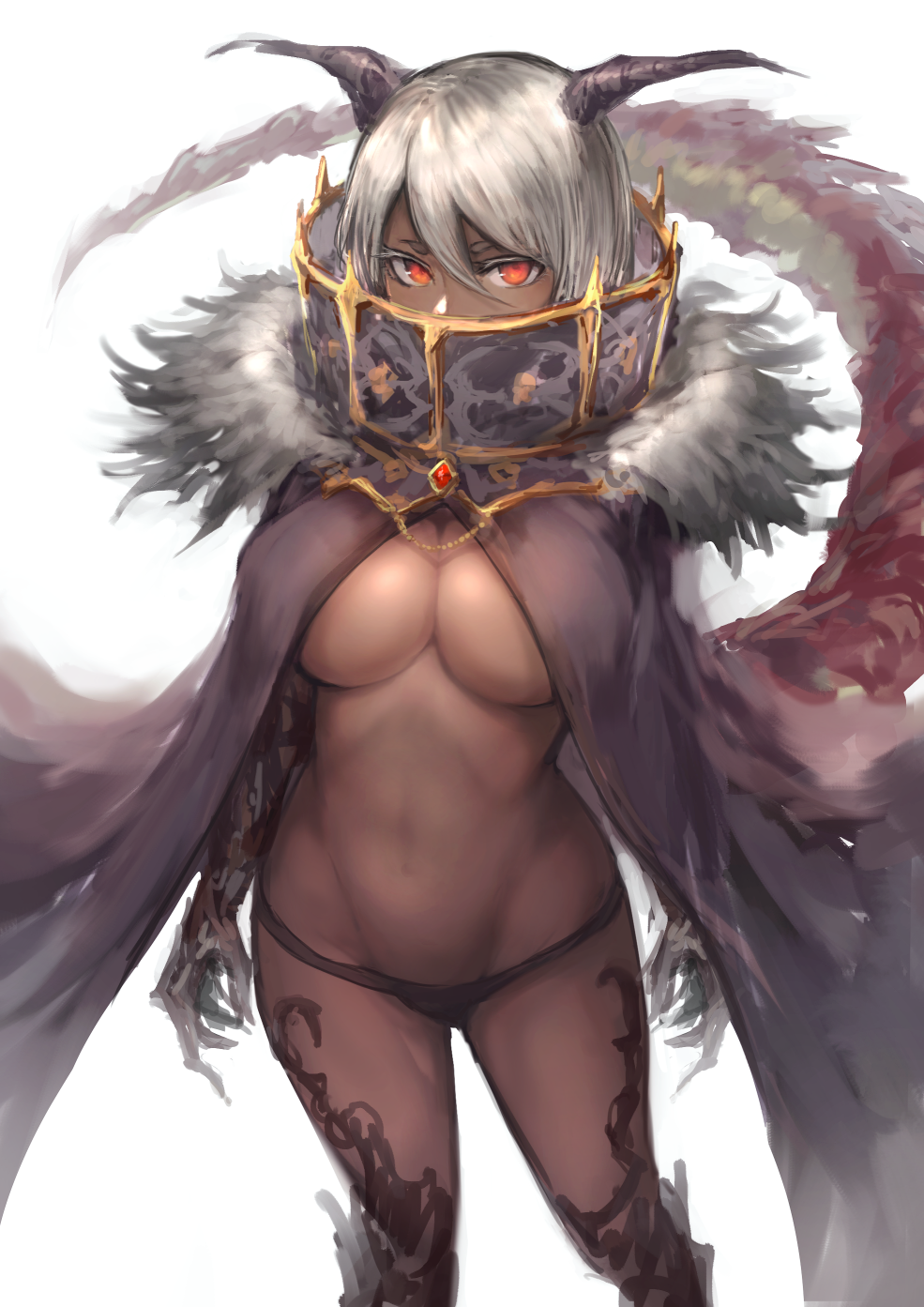 black_panties breasts cape chain claws covered_mouth dark_skin fur_trim gem grey_cape hair_between_eyes highres hometa horns large_breasts looking_at_viewer monster_girl navel original panties red_eyes scales simple_background solo standing tail topless underwear white_background white_hair