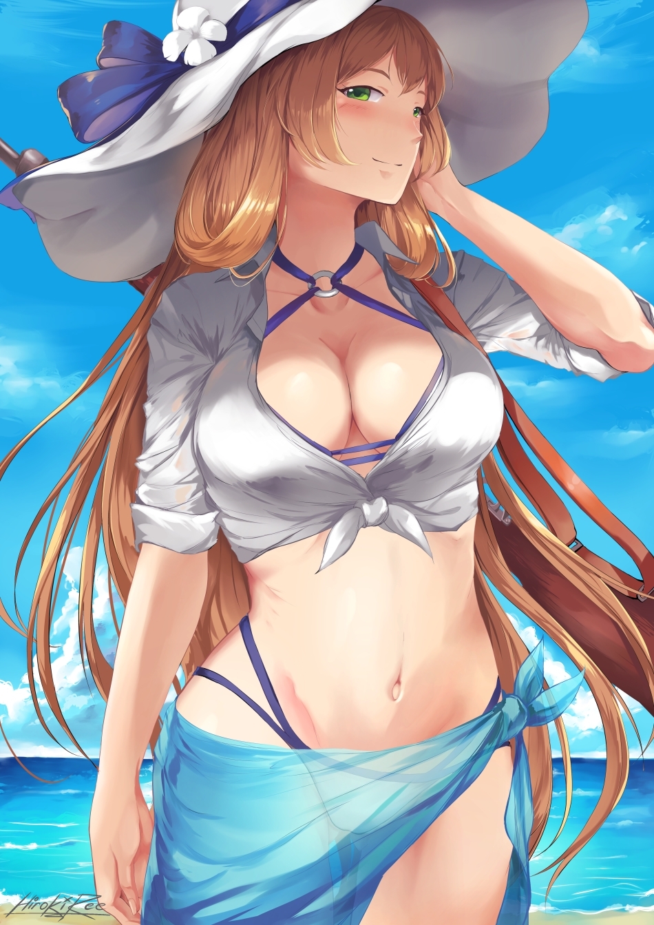 adjusting_hair alternate_costume bangs beach bikini blue_sarong blue_sky blush bolt_action breasts brown_hair cleavage cloud collarbone commentary cowboy_shot day eyebrows_visible_through_hair girls_frontline green_eyes groin gun hair_between_eyes hair_rings hat highres hiroki_ree large_breasts long_hair looking_at_viewer m1903_springfield m1903_springfield_(girls_frontline) navel o-ring o-ring_top ocean outdoors rifle sand sarong see-through shirt sidelocks signature sky smile solo stomach summer sun_hat swimsuit thighs tied_shirt weapon weapon_on_back white_shirt