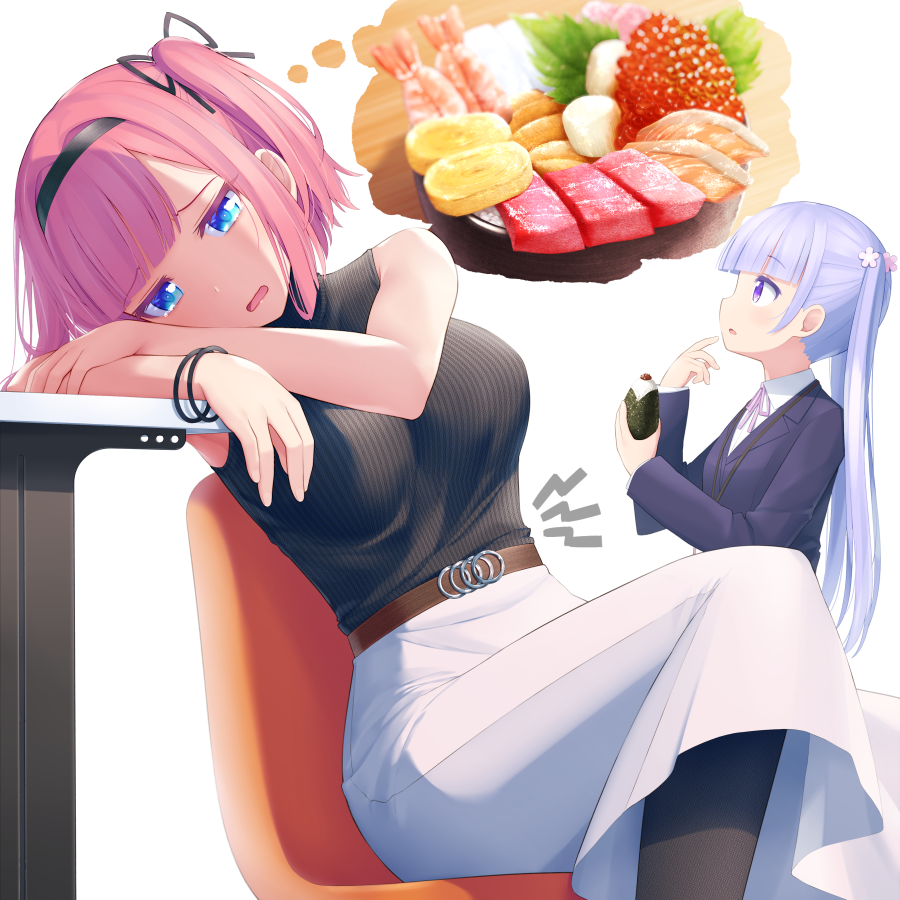 arm_rest bangs belt black_legwear black_ribbon black_shirt blue_eyes blush breasts brown_belt chair collared_shirt commentary_request eyebrows_visible_through_hair food hair_ornament hair_ribbon haribote_(tarao) head_rest hungry jacket long_hair medium_breasts mochizuki_momiji multiple_girls new_game! one_side_up pantyhose parted_lips pink_hair purple_eyes purple_hair purple_jacket ribbed_shirt ribbon shirt short_hair sitting skirt sleeveless sleeveless_shirt stomach_growling sushi suzukaze_aoba table thought_bubble twintails very_long_hair white_background white_shirt white_skirt