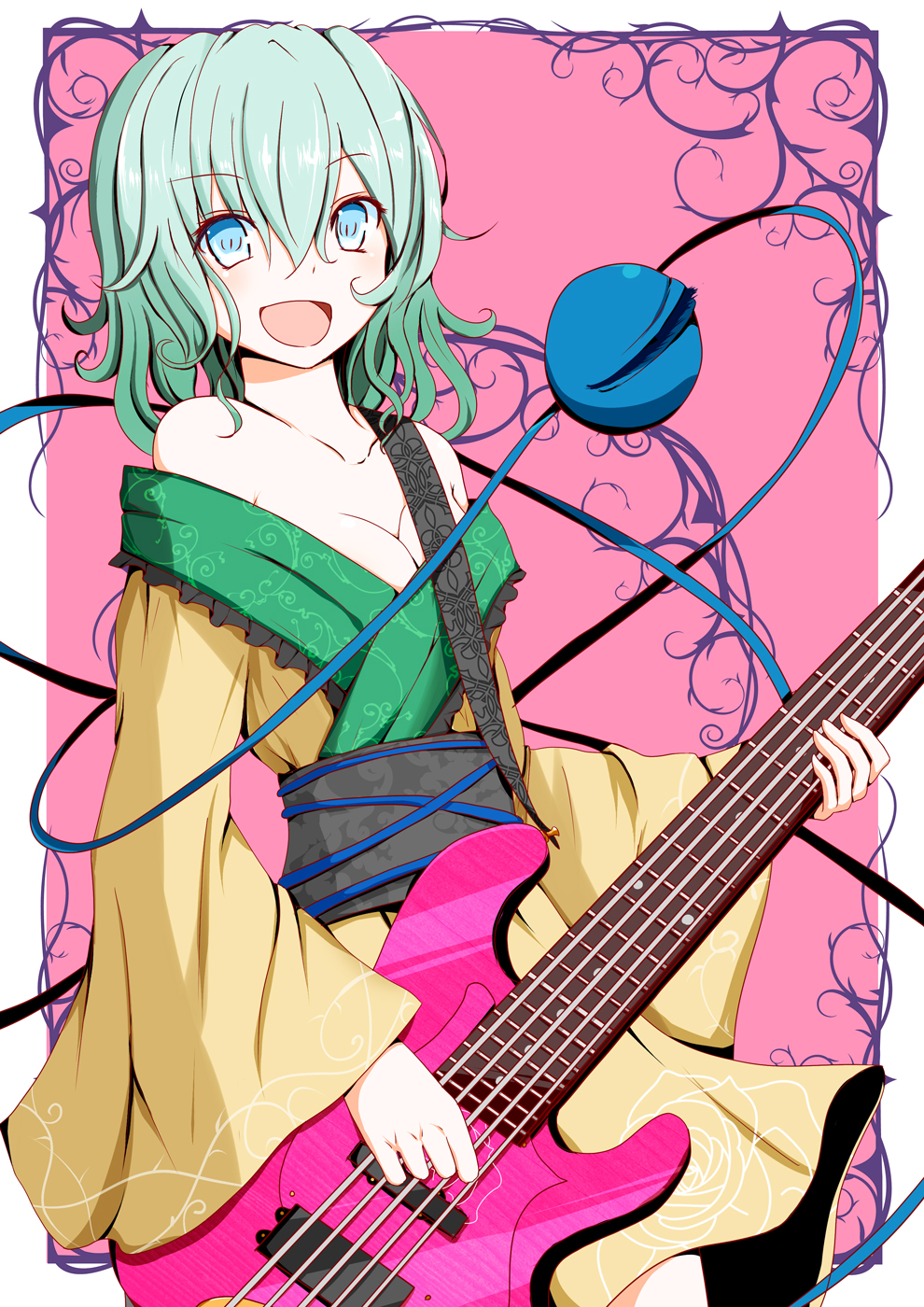 :d adapted_costume aqua_hair bangs bare_shoulders bass_guitar blue_eyes breasts cleavage collarbone eyebrows_visible_through_hair floral_print frills fuoco guitar hair_between_eyes highres holding holding_instrument instrument japanese_clothes kimono komeiji_koishi long_sleeves looking_at_viewer medium_hair music obi off_shoulder open_mouth playing_instrument rose_print sash smile solo third_eye touhou wide_sleeves yellow_kimono