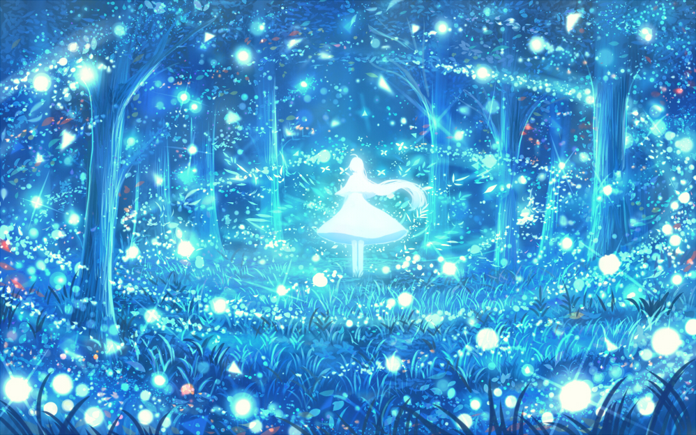ahoge blue capelet dress fantasy flower forest from_behind grass light_particles long_hair magic nature original sakimori_(hououbds) scenery silhouette solo tree wind