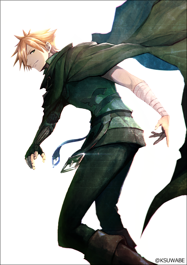 bandages belt black_gloves blonde_hair boots brown_footwear cape closed_mouth cropped_legs fate/extra fate_(series) fingerless_gloves gloves green_cape green_eyes green_pants green_shirt kei-suwabe knee_boots looking_at_viewer male_focus pants robin_hood_(fate) shirt simple_background single_glove solo twitter_username white_background