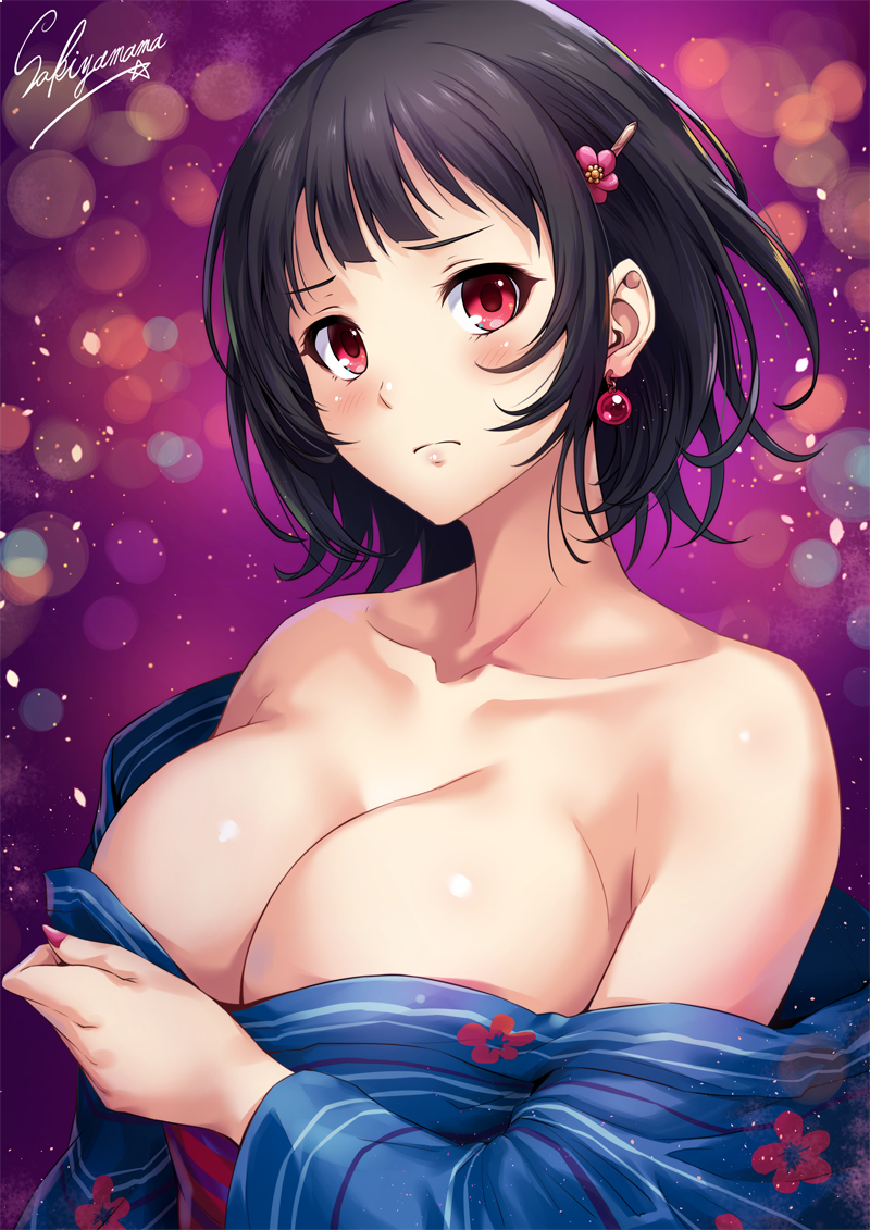artist_name bare_shoulders black_hair blue_kimono blush breasts cleavage collarbone covering covering_breasts earrings floral_print frown hair_ornament hairclip japanese_clothes jewelry kantai_collection kimono large_breasts lips looking_at_viewer nail_polish night obi open_clothes open_kimono open_mouth purple_nails red_earrings red_eyes sakiyamama sash short_hair solo takao_(kantai_collection) upper_body wide_sleeves yukata
