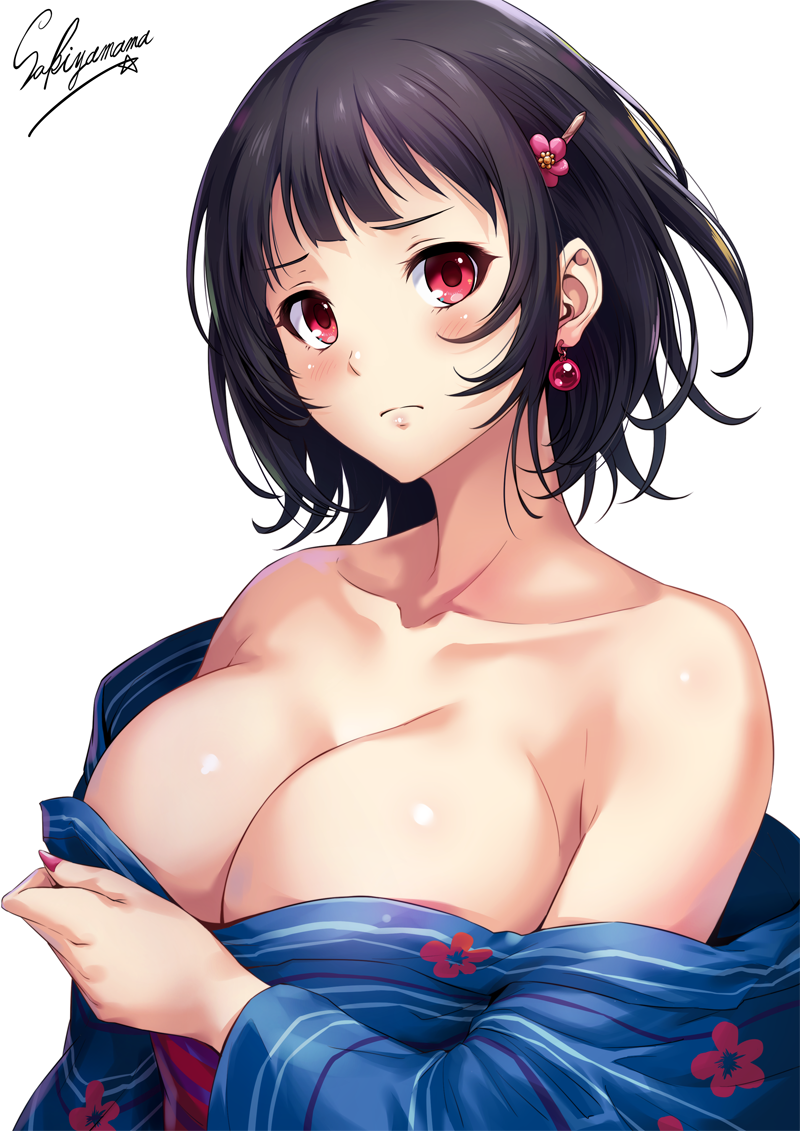 artist_name bare_shoulders black_hair blue_kimono blush breasts cleavage collarbone covering covering_breasts earrings floral_print frown hair_ornament hairclip japanese_clothes jewelry kantai_collection kimono large_breasts lips looking_at_viewer nail_polish obi open_clothes open_kimono open_mouth purple_nails red_earrings red_eyes sakiyamama sash short_hair simple_background solo takao_(kantai_collection) upper_body white_background wide_sleeves
