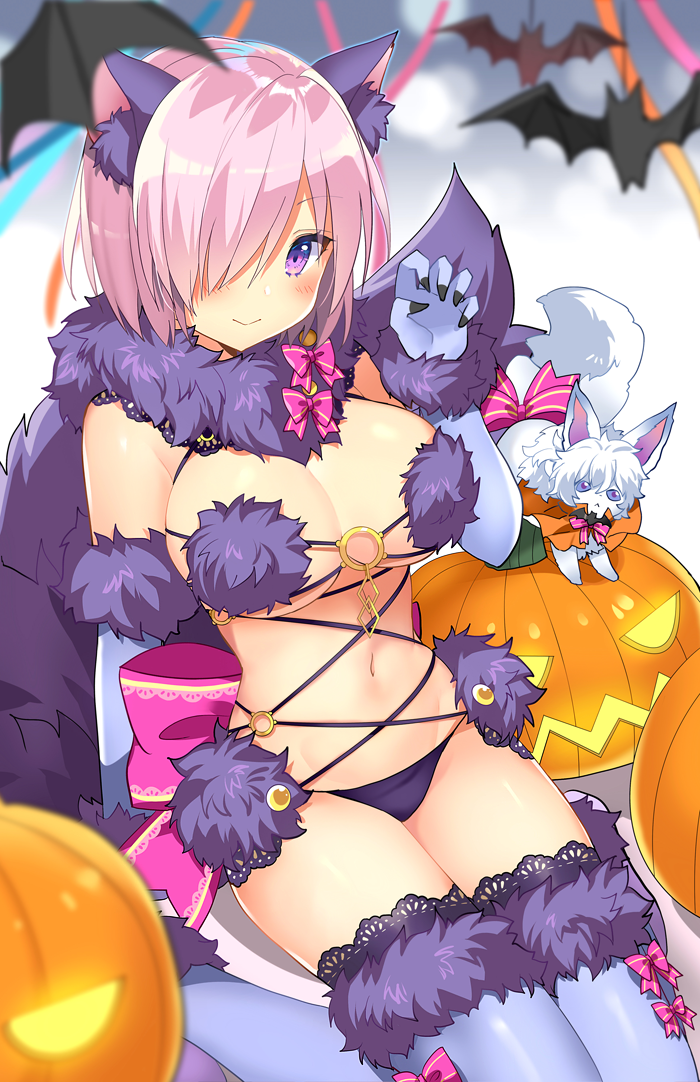 animal_ears bat blue_gloves blue_legwear blush bow breasts claws closed_mouth dangerous_beast elbow_gloves eyebrows_visible_through_hair fate/grand_order fate_(series) fou_(fate/grand_order) fur-trimmed_gloves fur-trimmed_legwear fur_collar fur_trim gloves hair_over_one_eye halloween_costume jack-o'-lantern kurot large_breasts looking_at_viewer mash_kyrielight navel o-ring o-ring_top pink_bow pink_hair pumpkin purple_eyes revealing_clothes short_hair sitting smile striped striped_bow tail thighhighs wolf_ears wolf_tail