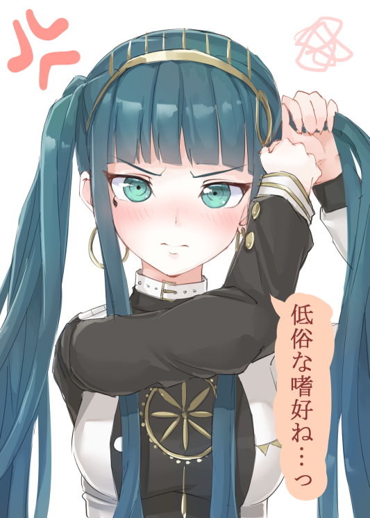 anger_vein aqua_eyes bangs black_shirt blue_hair blunt_bangs blush bracelet cleopatra_(fate/grand_order) collar earrings embarrassed facial_mark fate/grand_order fate_(series) frown hairband hiyoko_(pixiv16803940) jewelry long_hair long_sleeves looking_at_viewer multicolored multicolored_clothes multicolored_shirt necklace nose_blush pendant shirt solo twintails tying_hair upper_body very_long_hair white_collar white_shirt