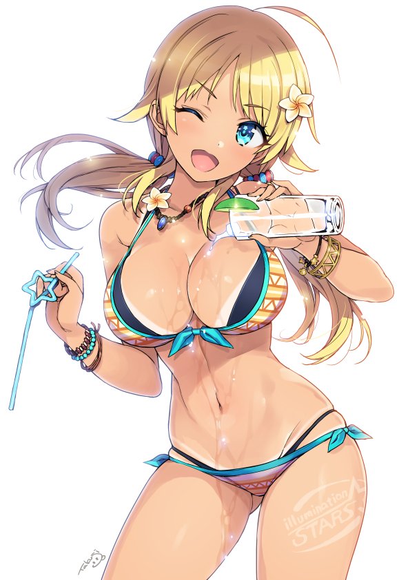 ;d ahoge ass_visible_through_thighs bikini bikini_tan blonde_hair blue_eyes bracelet breasts cleavage commentary_request contrapposto cowboy_shot flower front-tie_bikini front-tie_top hachimiya_meguru hair_flower hair_ornament head_tilt idolmaster idolmaster_shiny_colors jewelry large_breasts layered_bikini long_hair looking_at_viewer low_twintails navel necklace one_eye_closed ootomo_takuji open_mouth shiny shiny_skin side-tie_bikini simple_background skindentation smile solo swimsuit tan tanline twintails wet white_background