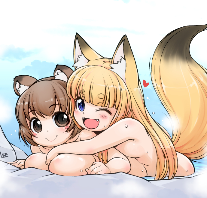 ;d animal_ear_fluff animal_ears artist_name bangs blonde_hair blue_eyes blunt_bangs blush blush_stickers breast_press breasts brown_eyes brown_hair commentary eyebrows_visible_through_hair fangs fox_ears fox_tail heart hug large_breasts lee_(colt) long_hair looking_at_viewer medium_breasts multiple_girls nude one_eye_closed onsen open_mouth original partially_submerged raccoon_ears short_eyebrows short_hair slit_pupils smile tail water