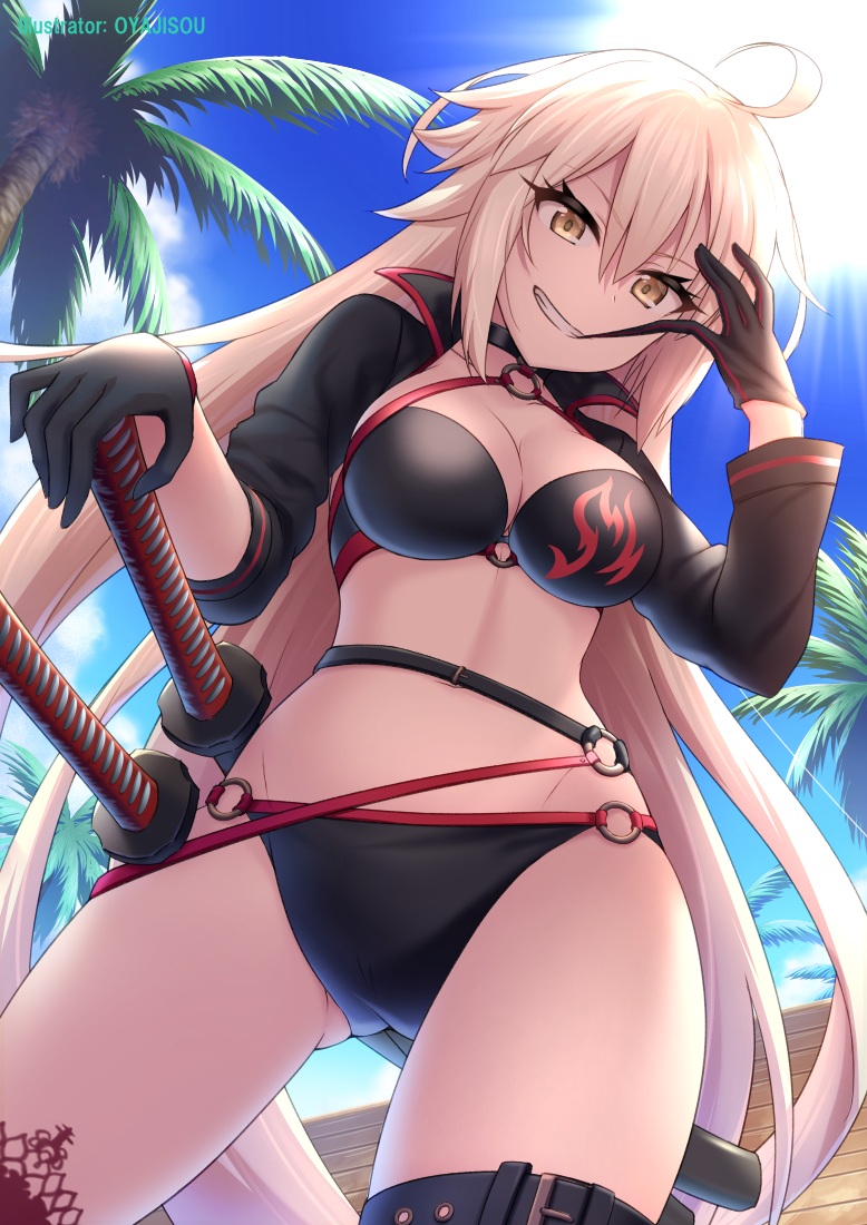 ahoge artist_name ass_visible_through_thighs backlighting bangs bikini biting black_bikini black_gloves black_jacket blue_sky breasts brown_eyes cleavage cloud commentary_request day eyebrows_visible_through_hair fate/grand_order fate_(series) from_below glove_biting gloves grin groin hair_between_eyes hand_on_hilt jacket jeanne_d'arc_(alter_swimsuit_berserker) jeanne_d'arc_(fate)_(all) katana light_brown_hair long_hair long_sleeves looking_at_viewer looking_down medium_breasts o-ring o-ring_bikini o-ring_bottom o-ring_top outdoors oyaji-sou palm_tree red_legwear shrug_(clothing) sidelocks single_thighhigh sky smile solo standing sun swimsuit sword thighhighs tree very_long_hair weapon