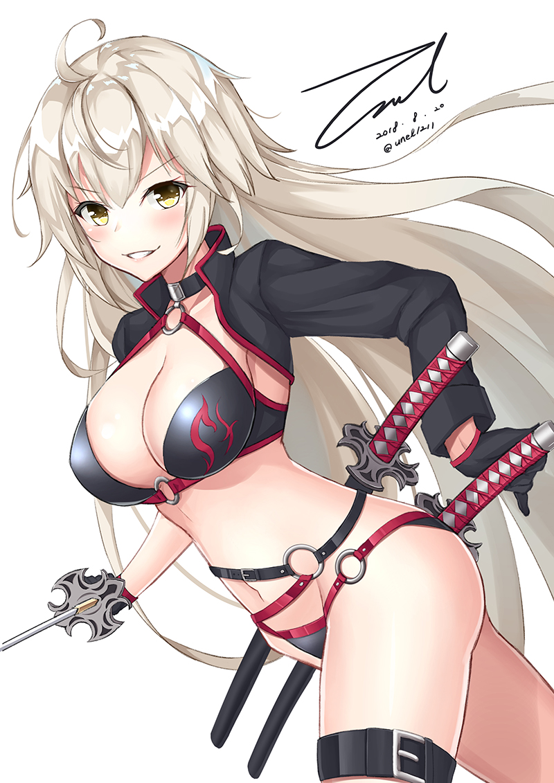 ahoge bangs bikini black_bikini black_jacket blush breasts choker cleavage collarbone cropped_jacket dated eyebrows_visible_through_hair fate/grand_order fate_(series) gloves groin hair_between_eyes holding holding_sword holding_weapon jacket jeanne_d'arc_(alter_swimsuit_berserker) jeanne_d'arc_(fate)_(all) katana large_breasts long_hair looking_at_viewer messy_hair multiple_swords navel o-ring parted_lips shrug_(clothing) sidelocks signature simple_background smirk solo stomach swimsuit sword thigh_strap unel very_long_hair weapon white_background yellow_eyes