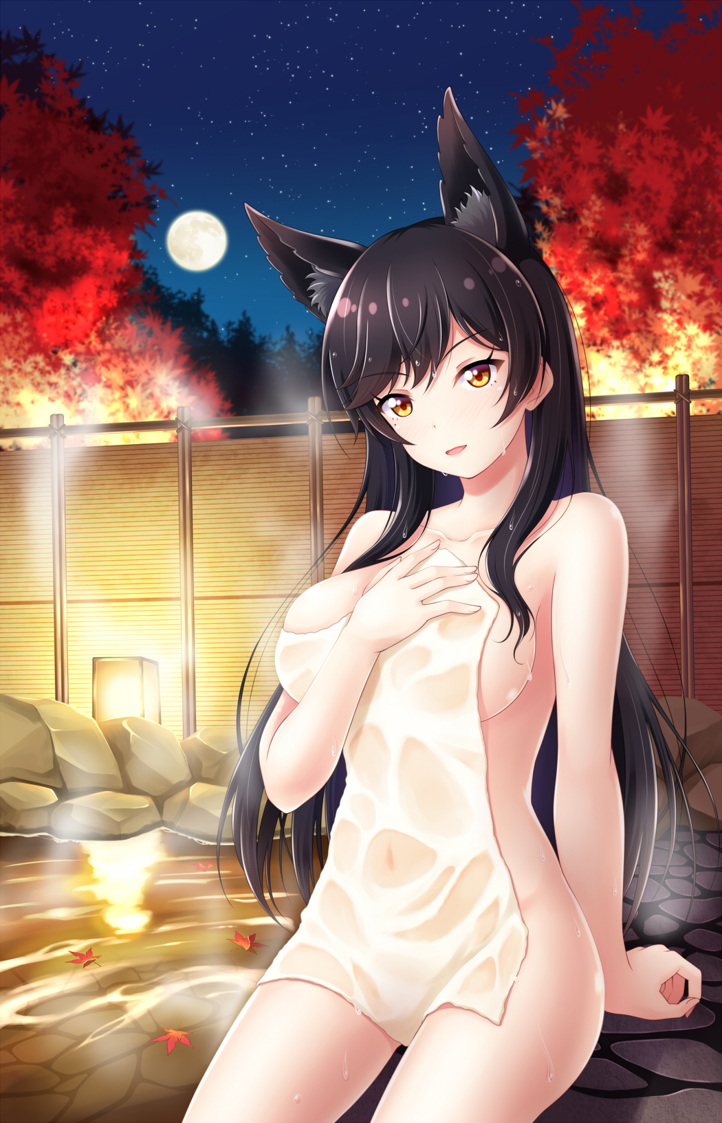 7nanappe animal_ears atago_(azur_lane) autumn_leaves azur_lane bangs black_hair blurry blurry_background blush breasts brown_eyes collarbone commentary_request covered_navel covering depth_of_field extra_ears eyebrows_visible_through_hair fingernails full_moon head_tilt highres large_breasts long_hair looking_at_viewer mole mole_under_eye moon night night_sky nude_cover onsen outdoors parted_lips rock see-through sitting sky smile solo star_(sky) starry_sky towel very_long_hair water wet wet_towel
