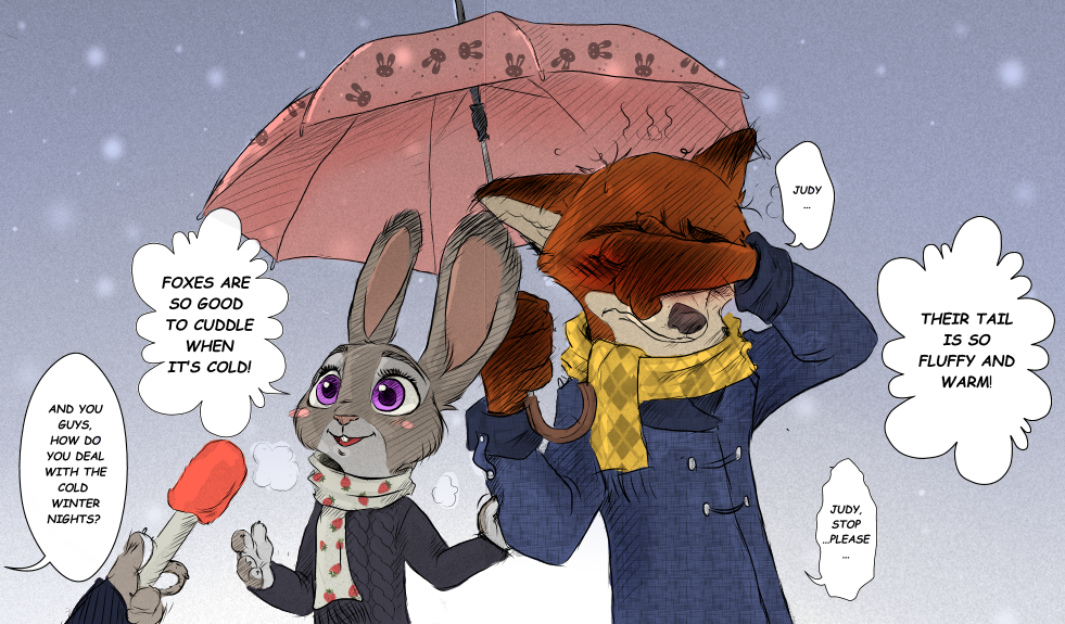 anthro buckteeth canine cold comic dialogue disney duo embarrassed english_text female fox fur gradient_background interview judy_hopps lagomorph long_ears male mammal meme monochrome nick_wilde outside pawtsun rabbit rem289 simple_background size_difference smile snow special_feeling speech_bubble teeth text umbrella winter zootopia