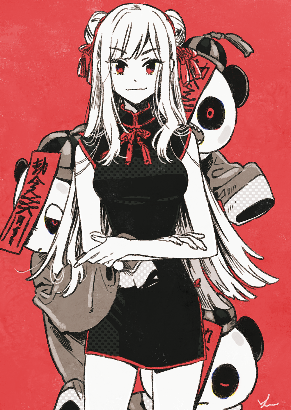 china_dress chinese_clothes commentary_request crossed_arms double_bun dress highres keishin long_hair looking_at_viewer monochrome neck_ribbon ofuda original panda red red_background red_eyes ribbon short_dress signature smile solo standing