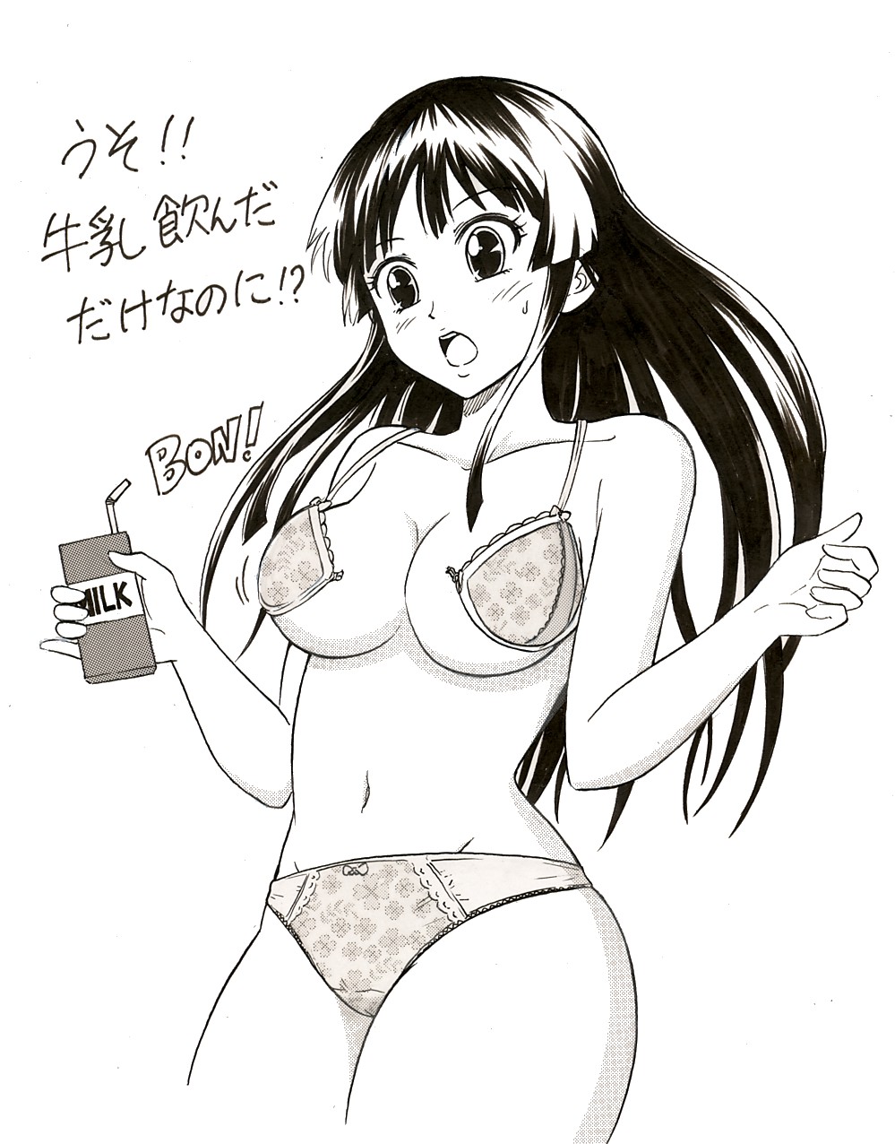 1girl black_hair blush bra breasts cameltoe drink holding holding_drink large_breasts lingerie long_hair milk monochrome motion_lines navel open_mouth original panties simple_background solo standing surprised text_focus translation_request underwear wardrobe_malfunction white_background yabuno_zoku_hisa