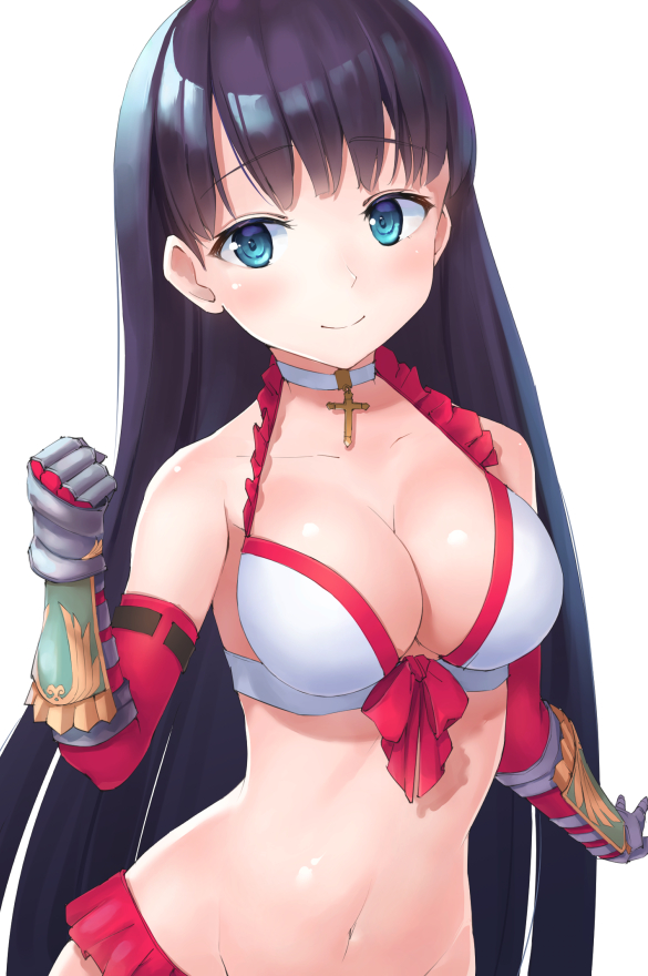 arm_belt bangs bikini blue_eyes blunt_bangs breasts choker cleavage cross cross_choker earrings eyebrows_visible_through_hair fate/grand_order fate_(series) front-tie_bikini front-tie_top gauntlets gloves hiyoko_(pixiv16803940) jewelry large_breasts long_hair looking_at_viewer navel purple_hair red_bikini red_gloves saint_martha saint_martha_(swimsuit_ruler)_(fate) smile solo swimsuit two-tone_bikini white_bikini