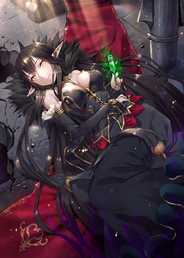 bare_shoulders black_dress black_hair breasts bridal_gauntlets cleavage commentary_request cup detached_sleeves dress drinking_glass fate/grand_order fate_(series) feathers fur_trim gabiran hair_between_eyes hand_on_hip holding holding_cup indoors large_breasts long_dress long_hair looking_at_viewer lying on_back pointy_ears poison red_carpet semiramis_(fate) smile very_long_hair yellow_eyes