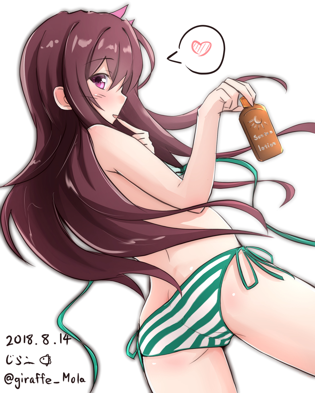 alternate_costume ass back bikini blush butt_crack commentary_request dated eyebrows_visible_through_hair from_behind giraffe_(ilconte) green_bikini heart highres kantai_collection kisaragi_(kantai_collection) long_hair looking_at_viewer looking_back lotion open_clothes open_mouth purple_eyes purple_hair side-tie_bikini simple_background solo spoken_heart striped striped_bikini sunscreen swimsuit twitter_username untied untied_bikini untied_bikini_top white_background