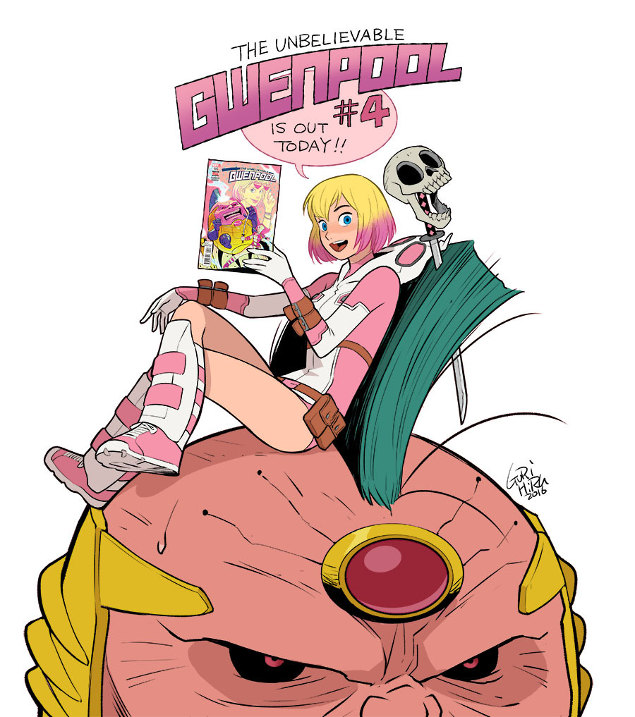 artist_name belt black_sclera blonde_hair blue_eyes crossed_legs english gurihiru gwen_poole gwenpool leotard marvel mask mask_removed md5_mismatch modok mohawk multicolored_hair open_mouth pink_hair pouch pun red_eyes shin_guards shoes signature sitting sitting_on_head sitting_on_person skull smile sneakers sweatdrop two-tone_hair