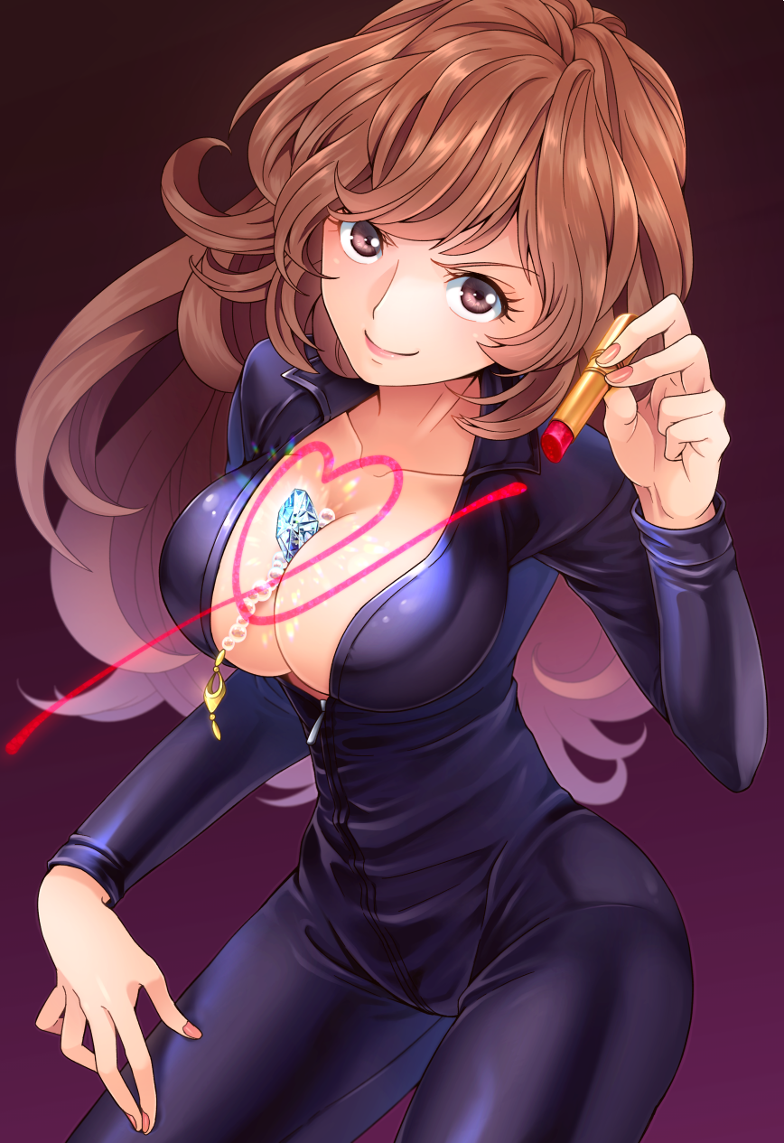 abiko_yuuji bangs between_breasts biker_clothes bikesuit bodysuit breasts brown_eyes brown_hair center_opening cleavage closed_mouth collarbone commentary_request full-length_zipper gem gradient gradient_background heart highres holding large_breasts lipstick lipstick_tube long_hair looking_at_viewer lupin_iii makeup mine_fujiko nail_polish no_bra partial_commentary pink_nails purple_background red_lipstick smile solo unzipped v-shaped_eyebrows wavy_hair zipper zipper_pull_tab