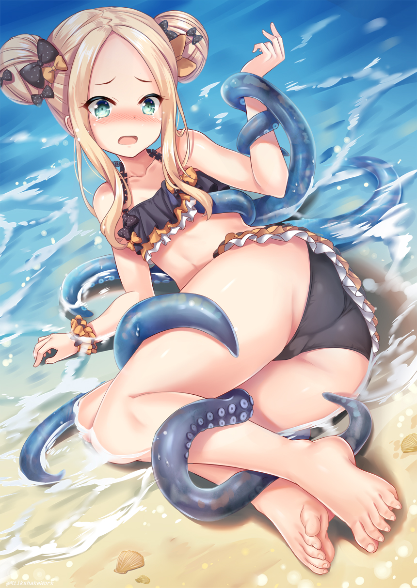 abigail_williams_(fate/grand_order) alternate_hairstyle ass bangs bare_shoulders beach bikini black_bikini black_bow blonde_hair blue_eyes blush bow breasts commentary_request day double_bun emerald_float fate/grand_order fate_(series) feet forehead frilled_bikini frills full_body hair_bow highres hips legs long_hair looking_at_viewer miniskirt orange_bow parted_bangs polka_dot polka_dot_bow seashell shell shimokirin skirt small_breasts solo swimsuit tearing_up tentacles thighs