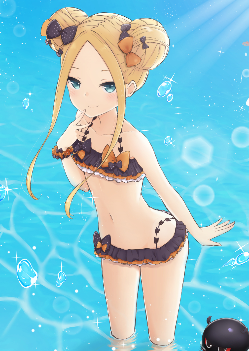 abigail_williams_(fate/grand_order) animal bangs bare_shoulders bikini black_bikini black_bow blonde_hair blue_eyes blurry blurry_background blush bow closed_mouth collarbone coraman day depth_of_field double_bun emerald_float fate/grand_order fate_(series) forehead hair_bow hand_up highres long_hair md5_mismatch navel octopus orange_bow outdoors parted_bangs polka_dot polka_dot_bow side_bun sidelocks smile solo standing swimsuit tokitarou_(fate/grand_order) wading water