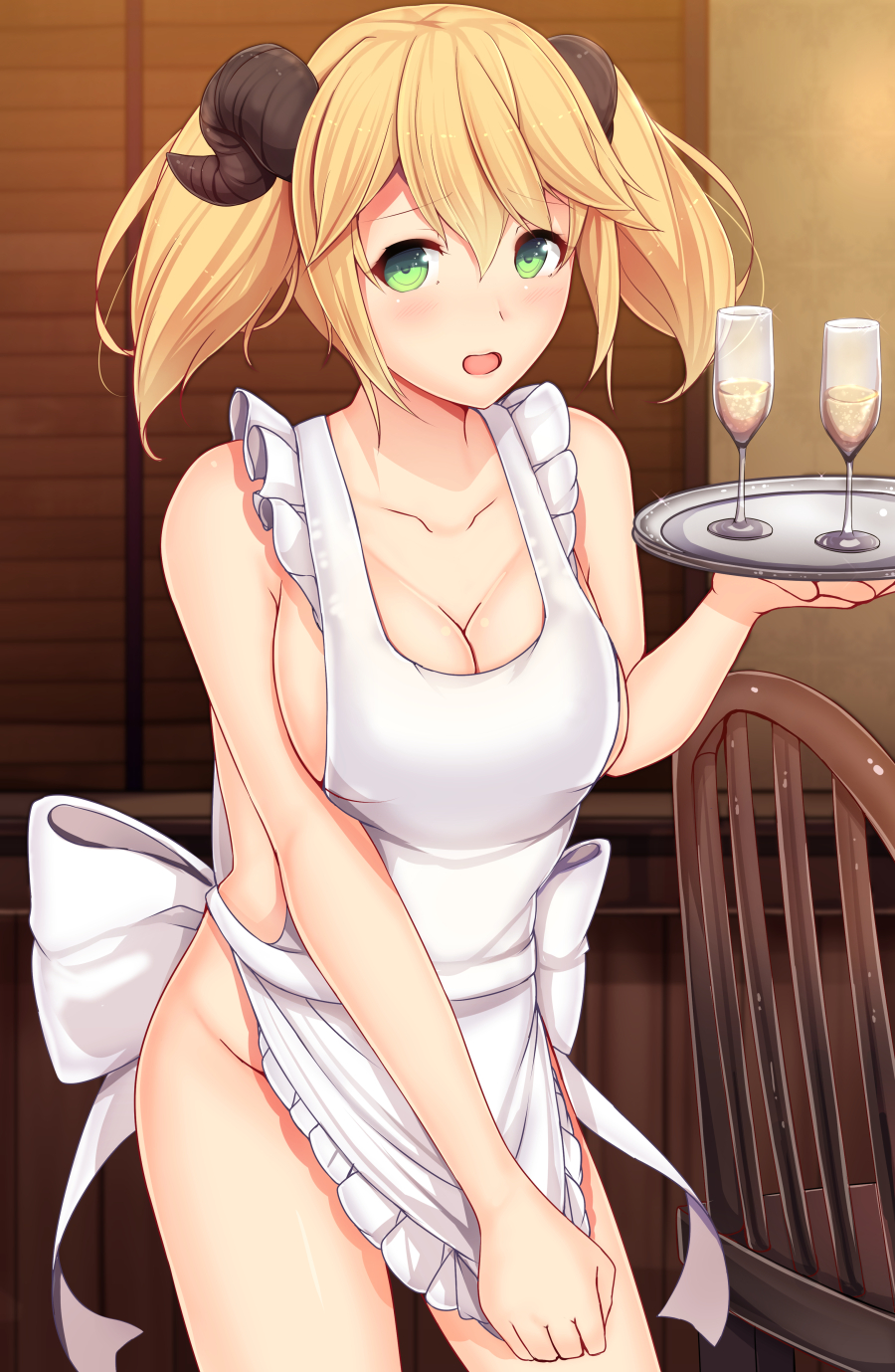 aletta apron apron_tug blonde_hair blush breasts cleavage commentary_request daiaru green_eyes highres horns isekai_shokudou large_breasts looking_at_viewer naked_apron short_hair solo tray twintails