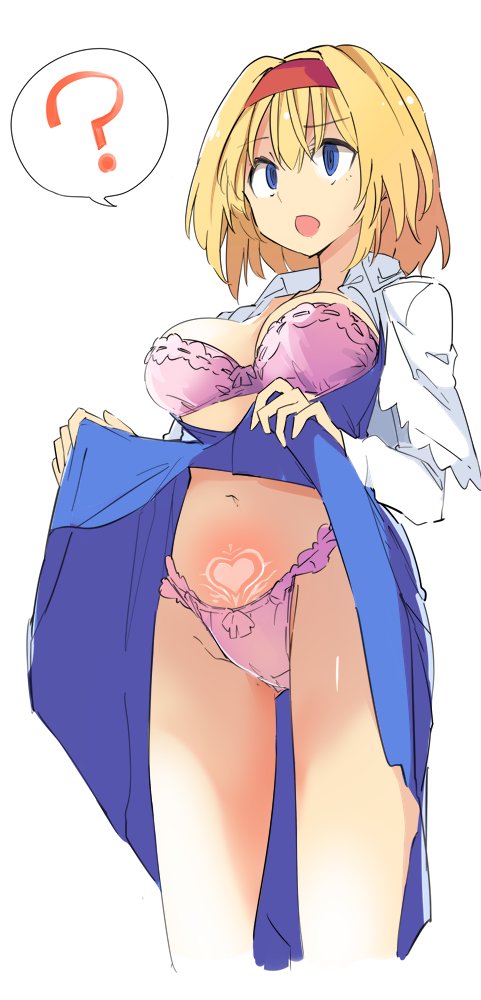 :o ? alice_margatroid bangs blonde_hair blue_dress blue_eyes bra breasts breasts_outside capelet cowboy_shot dress dress_lift eyebrows_visible_through_hair hair_between_eyes hairband heart_tattoo kamukamu_(ars) large_breasts lifted_by_self long_sleeves navel open_mouth panties pink_bra pink_panties pubic_tattoo red_hairband short_hair simple_background sketch solo spoken_question_mark standing stomach strapless strapless_bra tattoo thighs touhou underwear white_background white_capelet wing_collar