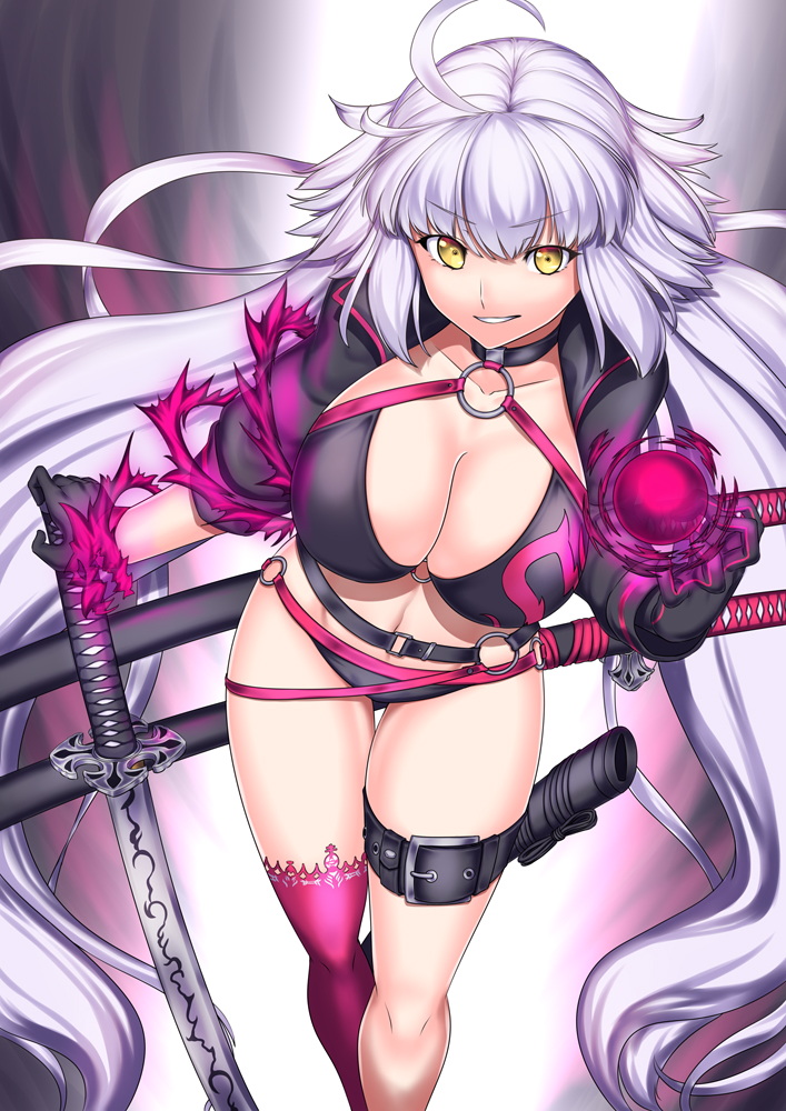 ahoge aura belt bikini black_bikini black_gloves breasts commentary_request fate/grand_order fate_(series) floating_hair gloves holding holding_sword holding_weapon jeanne_d'arc_(alter_swimsuit_berserker) jeanne_d'arc_(fate)_(all) katana large_breasts leg_belt long_hair looking_at_viewer navel o-ring o-ring_bikini parted_lips planted_sword planted_weapon scabbard sheath shrug_(clothing) smile solo swimsuit sword unsheathed very_long_hair weapon white_hair yellow_eyes yui_sora