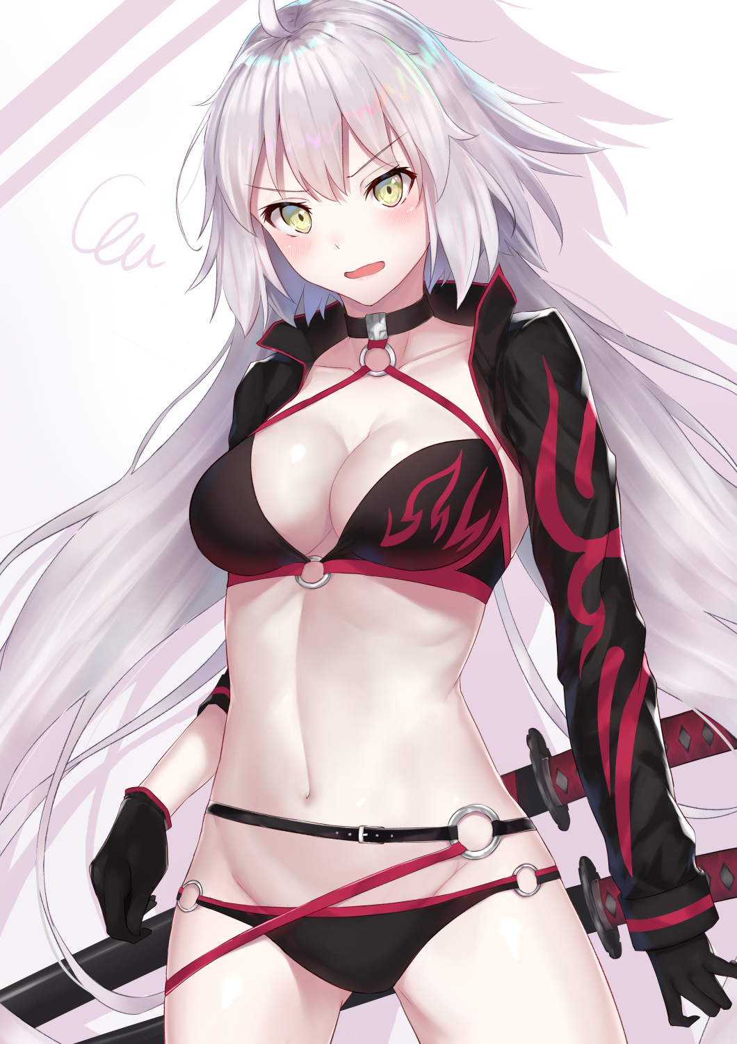 ahoge bangs belt bikini black_belt black_bikini black_choker black_gloves black_jacket blush breasts choker cleavage collarbone cowboy_shot cropped_jacket eyebrows_visible_through_hair fate/grand_order fate_(series) gloves grey_hair groin hair_between_eyes halter_top halterneck head_tilt highres jacket jeanne_d'arc_(alter_swimsuit_berserker) jeanne_d'arc_(fate)_(all) katana large_breasts long_hair long_sleeves looking_at_viewer navel o-ring o-ring_bikini o-ring_bottom o-ring_top open_clothes open_jacket open_mouth pale_skin popped_collar print_bikini reuri_(tjux4555) scabbard sheath sheathed shiny shiny_hair shrug_(clothing) sidelocks simple_background solo squiggle standing stomach swimsuit sword v-shaped_eyebrows very_long_hair weapon white_background yellow_eyes