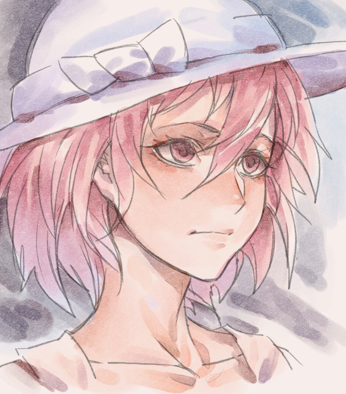 bow closed_mouth dress hair_between_eyes hat hat_bow looking_away original pink_eyes pink_hair portrait sketch solo sun_hat sundress white_bow white_hat zakusi