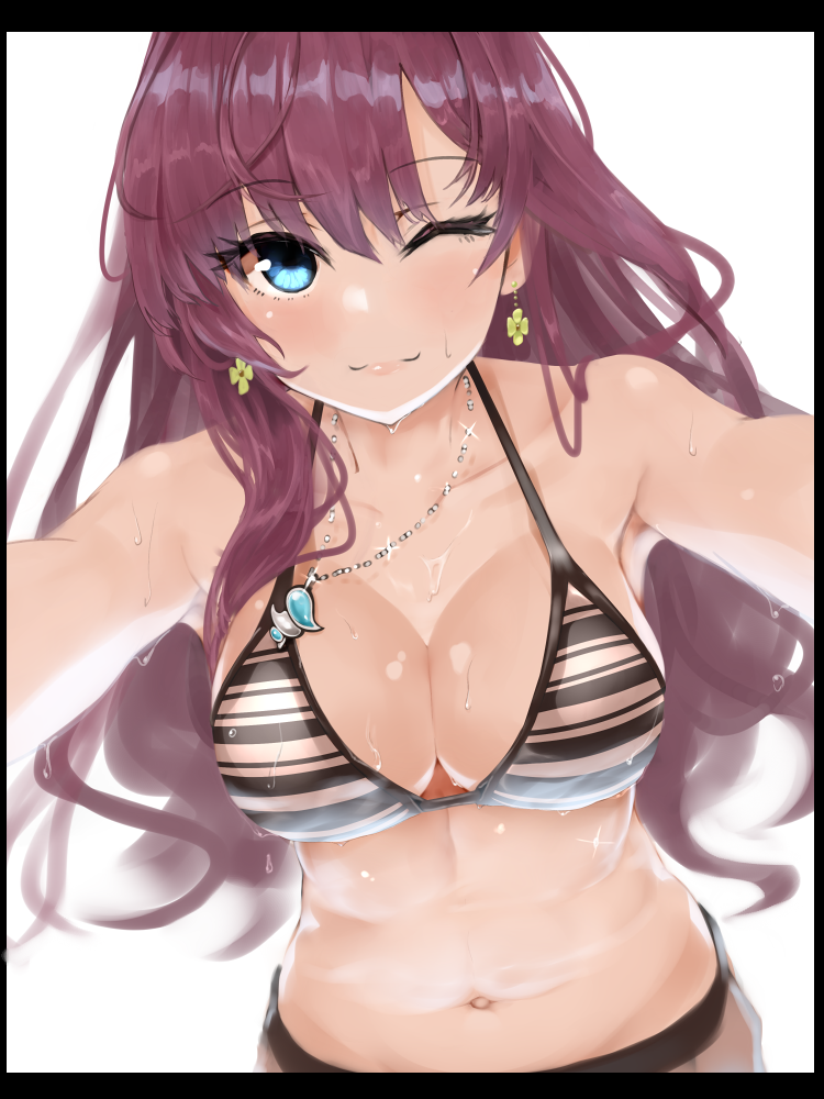 bad_id bad_pixiv_id bangs bare_shoulders bikini blue_eyes blush breasts brown_hair cleavage closed_mouth collarbone commentary_request earrings eyebrows_visible_through_hair hair_between_eyes ichinose_shiki idolmaster idolmaster_cinderella_girls jewelry large_breasts lips long_hair looking_at_viewer miyako_(miyako_lplover) navel necklace one_eye_closed simple_background smile solo striped striped_bikini swimsuit wavy_hair wet white_background