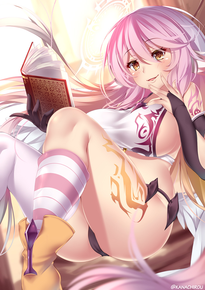 angel_wings ass asymmetrical_legwear bangs black_gloves black_panties blush book breasts bridal_gauntlets commentary elbow_gloves eyebrows_visible_through_hair feathered_wings floating gloves hair_between_eyes halo jibril_(no_game_no_life) kanachirou large_breasts leg_tattoo long_hair looking_at_viewer midriff multicolored_hair no_game_no_life open_book open_mouth panties parted_lips pink_hair sideboob single_sock single_thighhigh smile socks solo striped striped_legwear symbol-shaped_pupils tattoo thighhighs thighs underwear very_long_hair white_legwear wing_ears wings yellow_eyes yellow_footwear